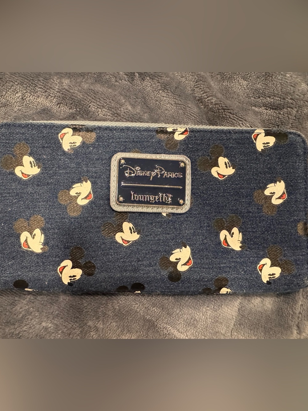 Loungefly Denim Wallet with Red Mickey Lining; Disney Parks plate on front.
